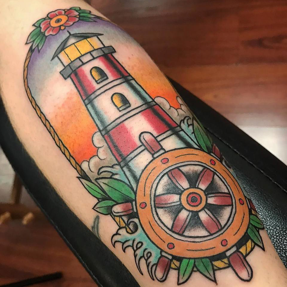 American traditional lighthouse tattoo